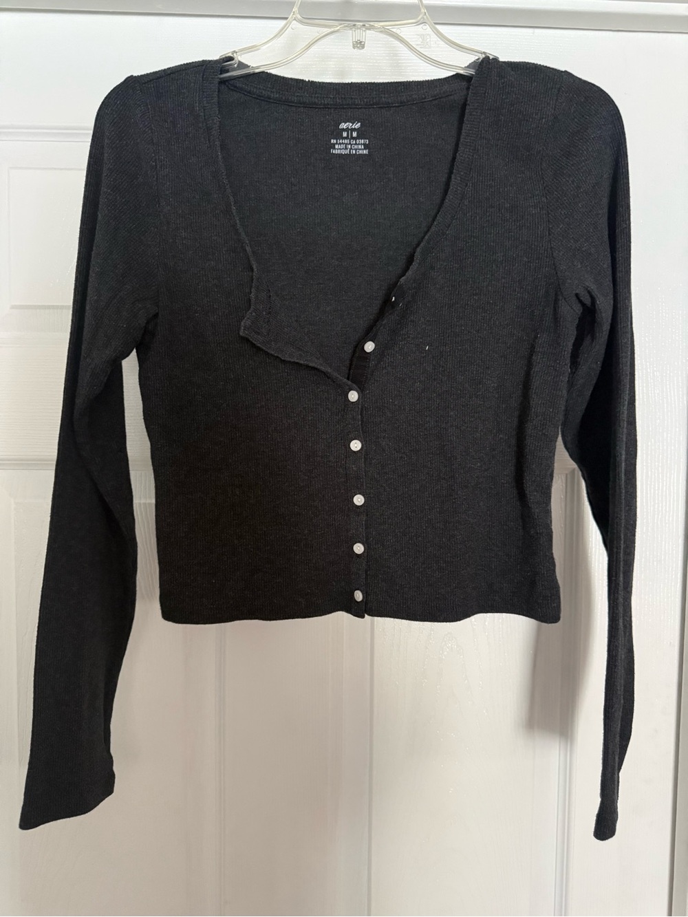 aerie Black Ribbed Cropped Button-Front Cardigan